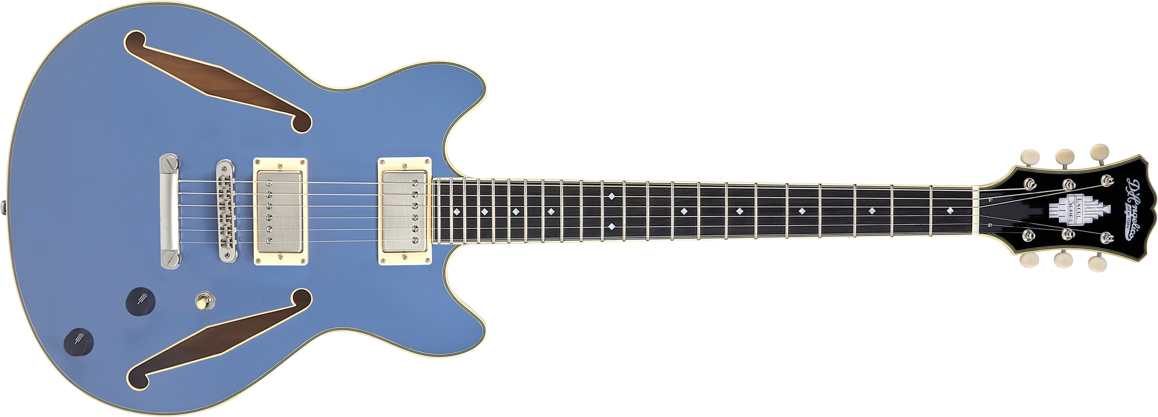 D'angelico Mini Dc Tour Excel 2h Ht Eb - Slate Blue - Semi-Hollow E-Gitarre - Main picture