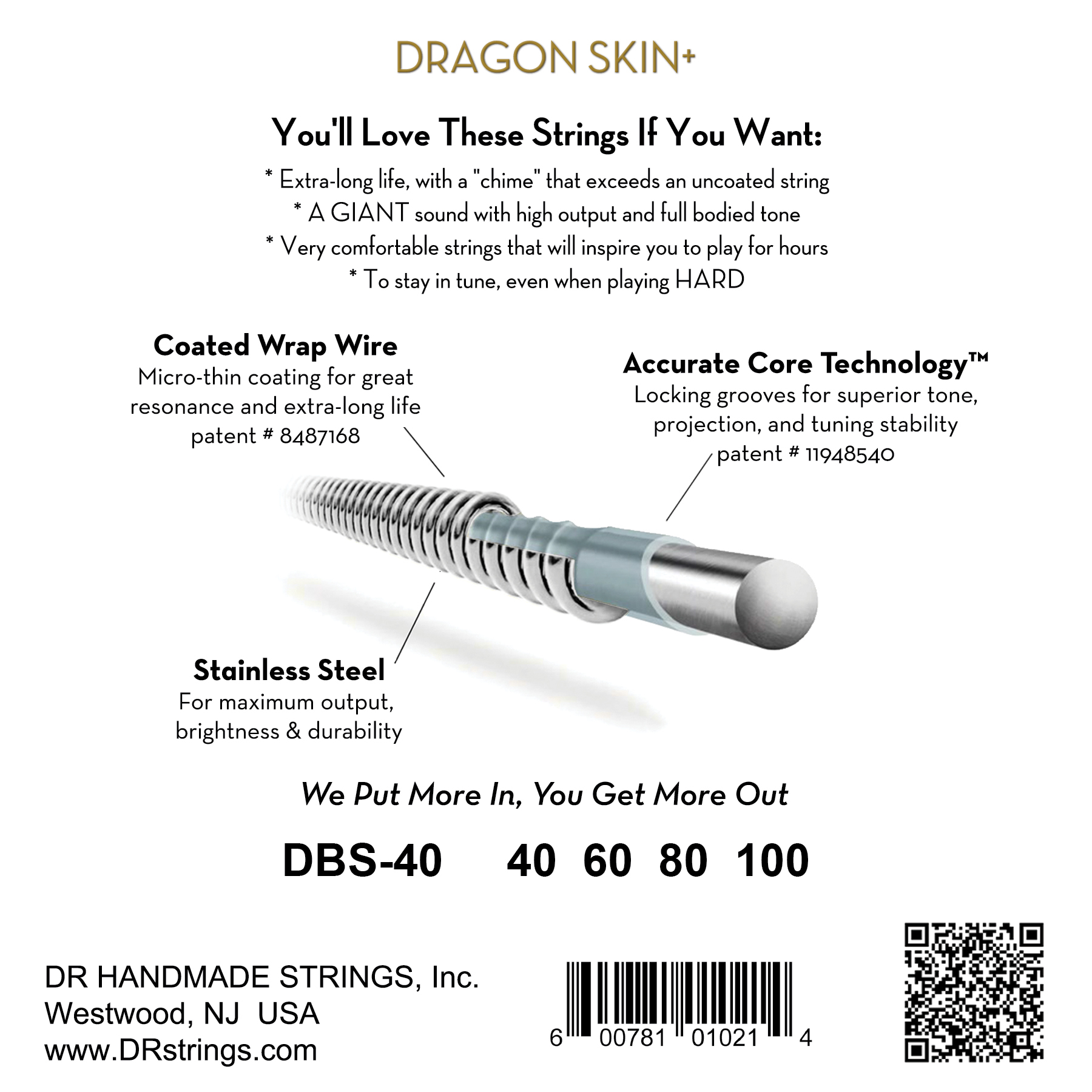 Dr Jeu De 4 Cordes Dragon Skin+ Core Technology Coated Wrap 40-100 - E-Bass Saiten - Variation 1