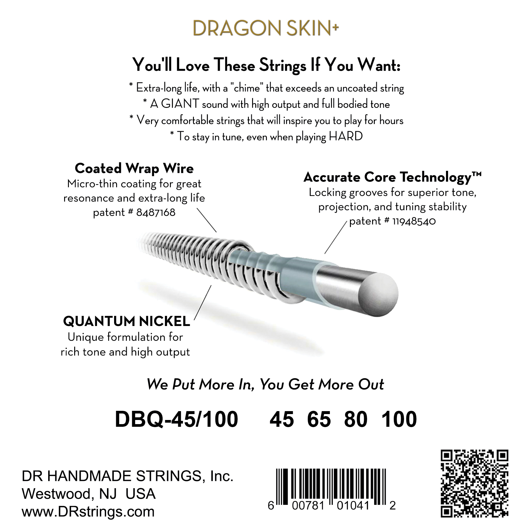 Dr Jeu De 4 Cordes Dragon Skin+ Core Technology Coated Wrap 45-100 - E-Bass Saiten - Variation 1