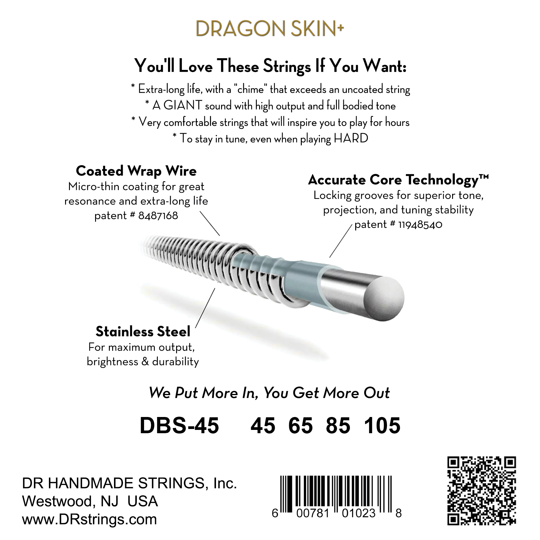Dr Jeu De 4 Cordes Dragon Skin+ Core Technology Coated Wrap 45-105 - E-Bass Saiten - Variation 1