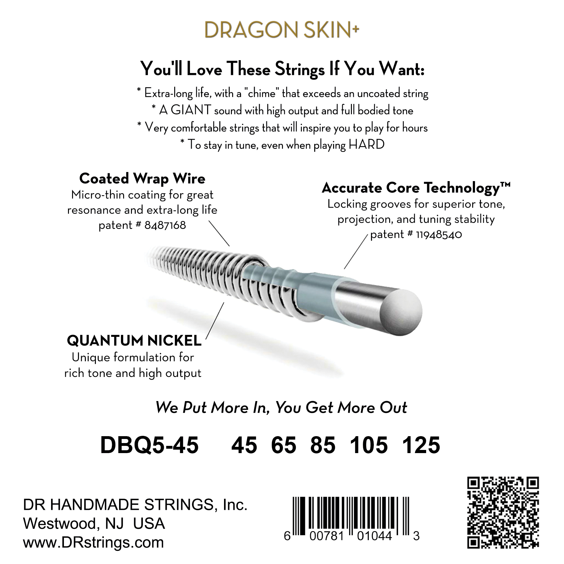 Dr Jeu De 4 Cordes Dragon Skin+ Core Technology Coated Wrap 45-105 - E-Bass Saiten - Variation 1