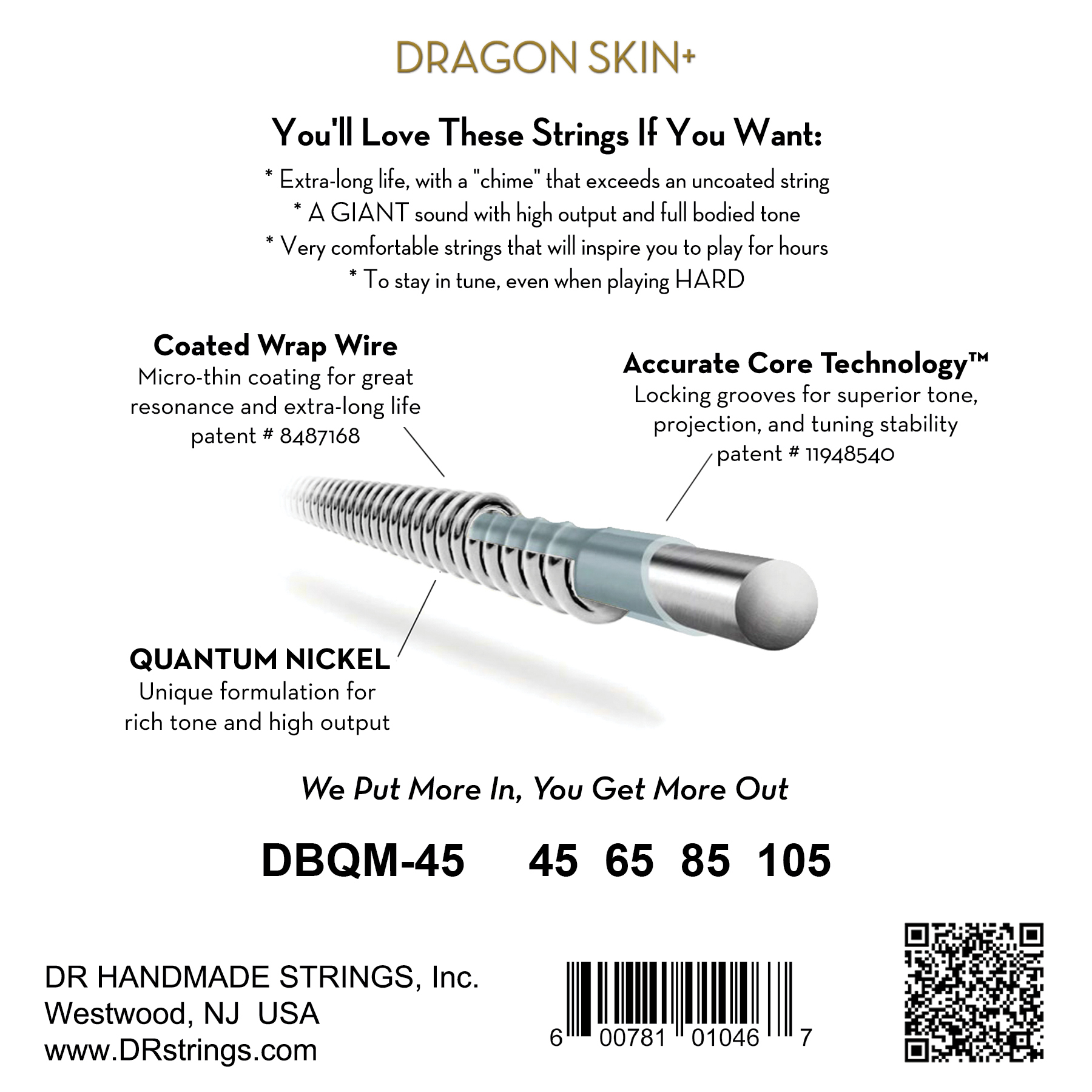 Dr Jeu De 4 Cordes Dragon Skin+ Core Technology Coated Wrap 45-105 Tapered Multi-scale - E-Bass Saiten - Variation 1