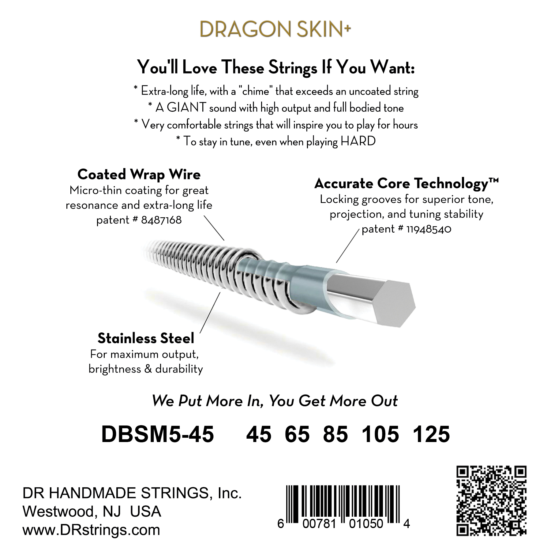 Dr Jeu De 5 Cordes Dragon Skin+ Core Technology Coated Wrap 45-125 Tapered Multi-scale - E-Bass Saiten - Variation 1