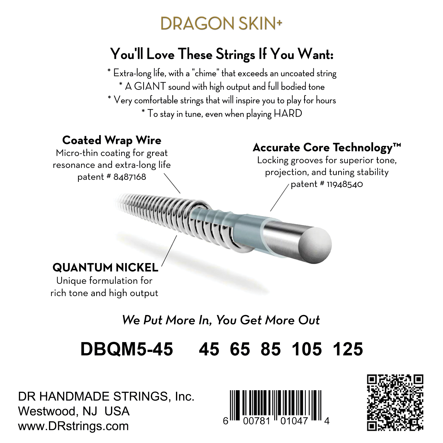 Dr Jeu De 5 Cordes Dragon Skin+ Core Technology Coated Wrap 45-125 Tapered Multi-scale - E-Bass Saiten - Variation 1