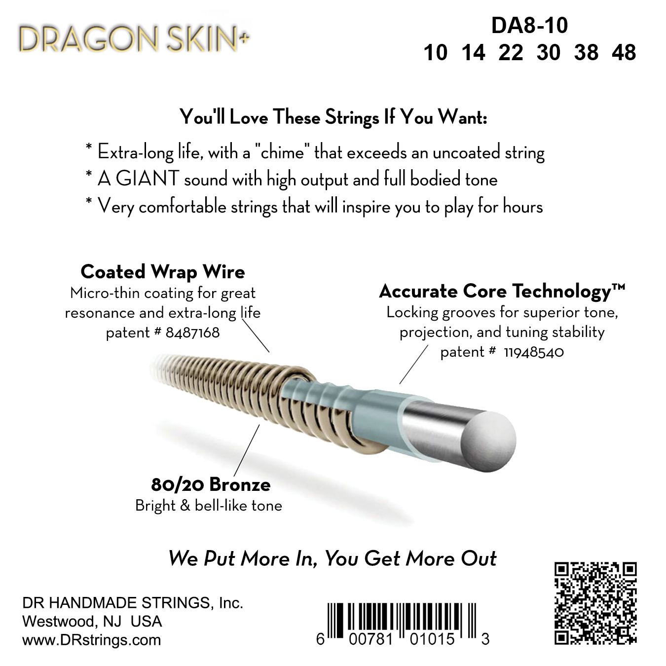 Dr Jeu De 6 Cordes Dragon Skin+ Core Technology Coated Wrap 80/20 10-48 - Westerngitarre Saiten - Variation 1