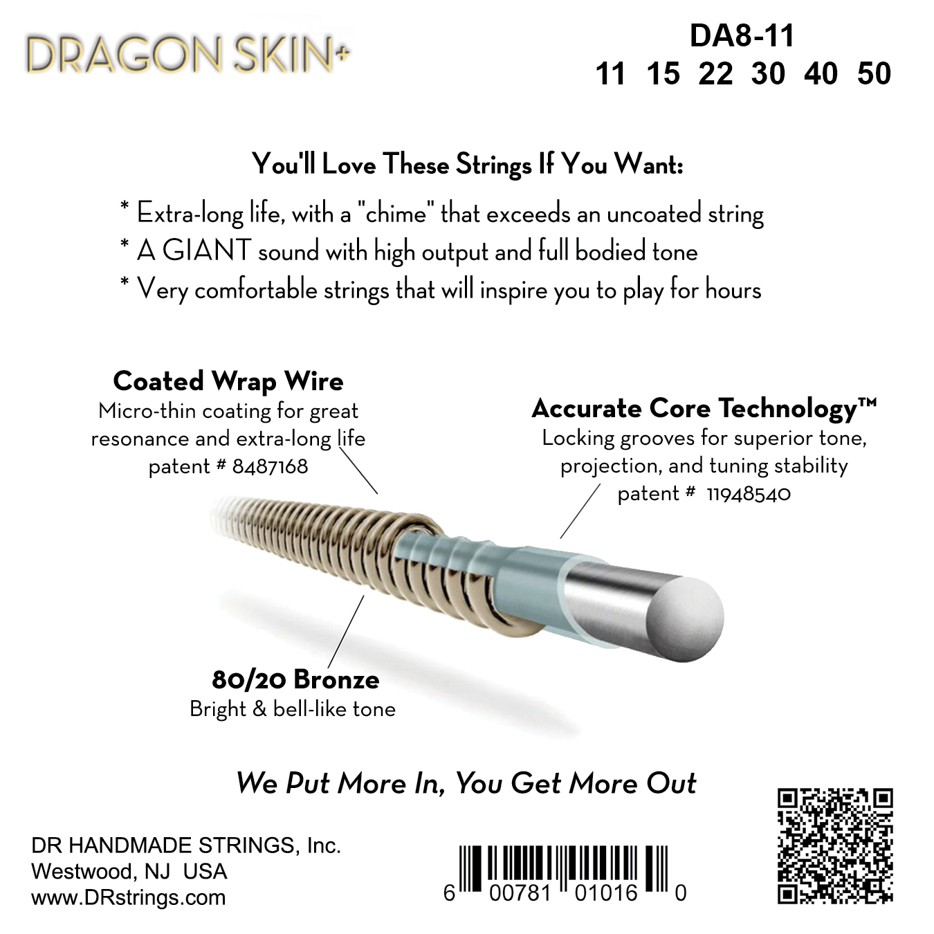 Dr Jeu De 6 Cordes Dragon Skin+ Core Technology Coated Wrap 80/20 11-50 - Westerngitarre Saiten - Variation 1
