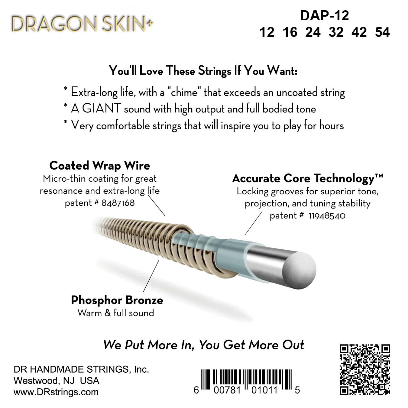 Dr Jeu De 6 Cordes Dragon Skin+ Core Technology Coated Wrap Phosphore Bronze 12-54 - Westerngitarre Saiten - Variation 1