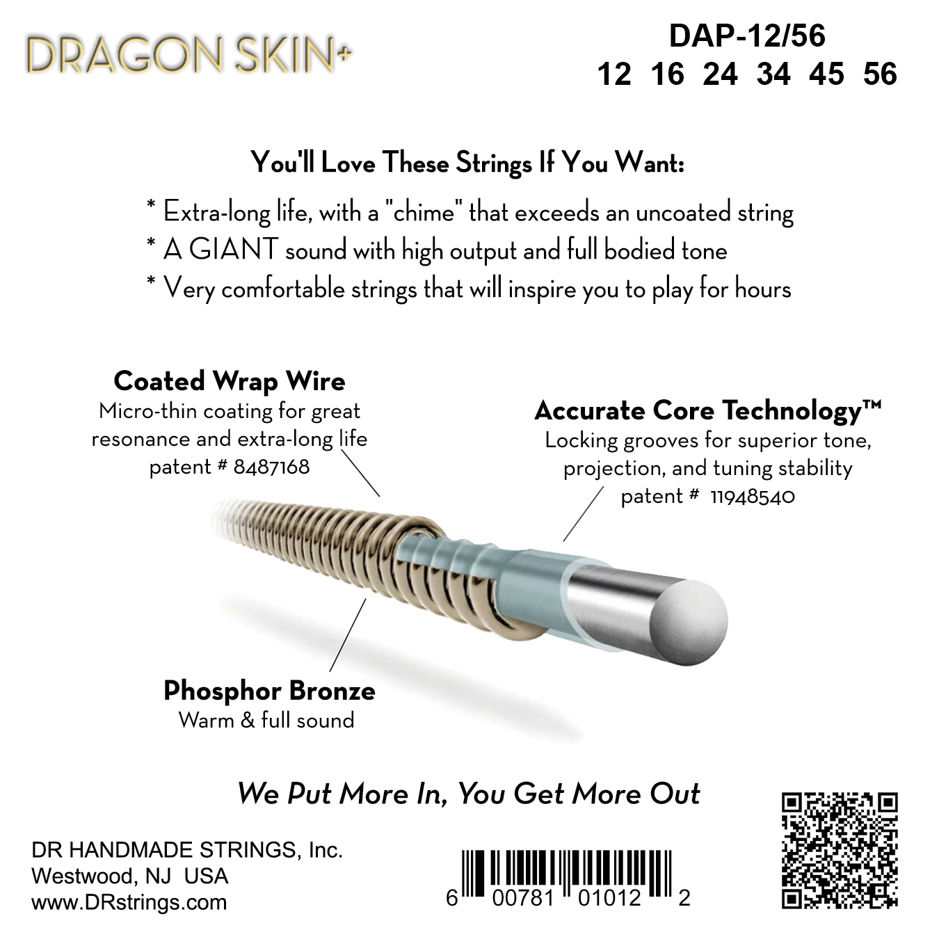 Dr Jeu De 6 Cordes Dragon Skin+ Core Technology Coated Wrap Posphore Bronze 12-56 - Westerngitarre Saiten - Variation 1