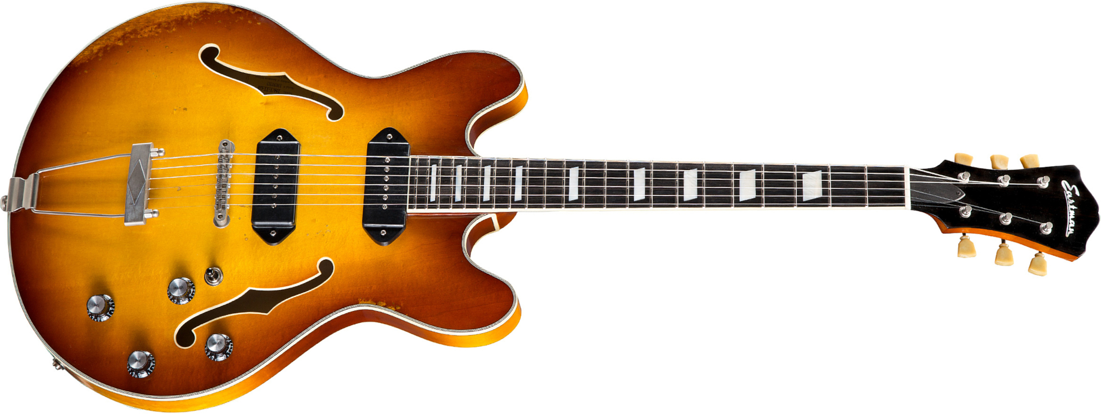 Eastman T64/v Thinline Laminate Tout Erable 2p90 Lollar Ht Eb - Antique Gold Burst - Semi-Hollow E-Gitarre - Main picture