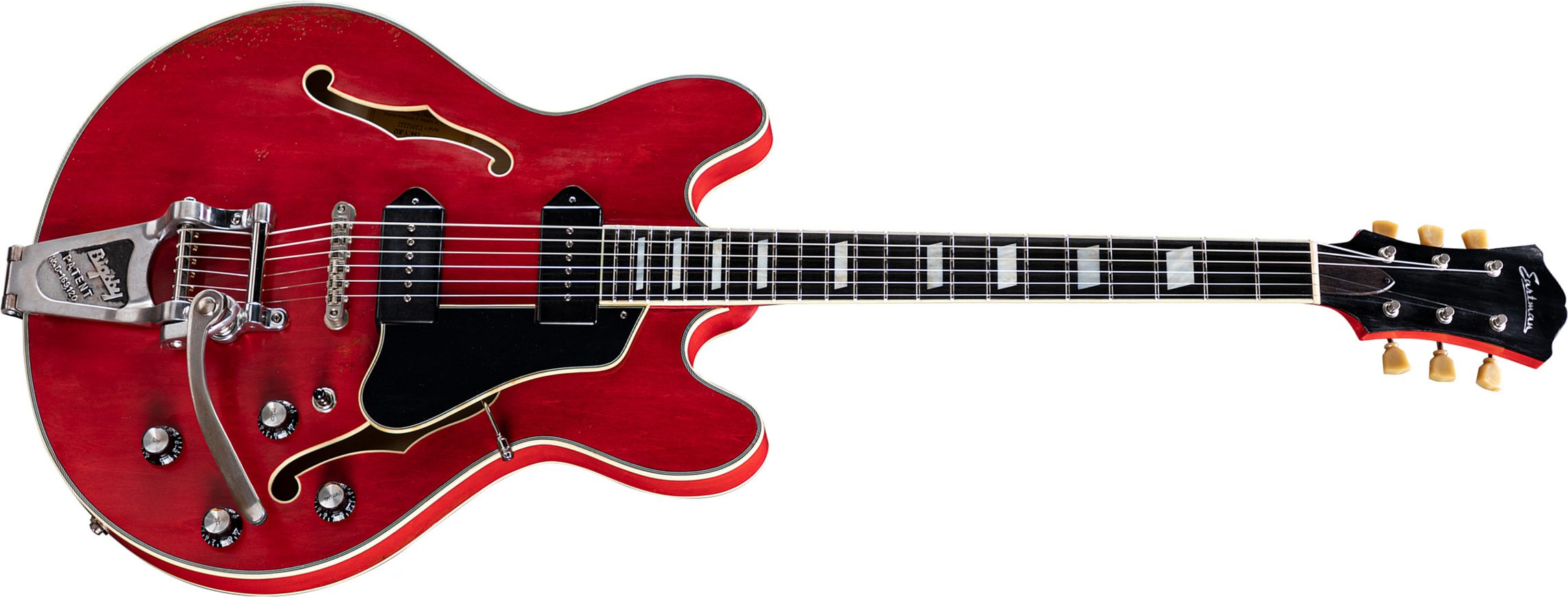 Eastman T64/v Thinline Laminate Tout Erable Bigsby 2p90 Lollar Bigsby Eb - Red - Semi-Hollow E-Gitarre - Main picture