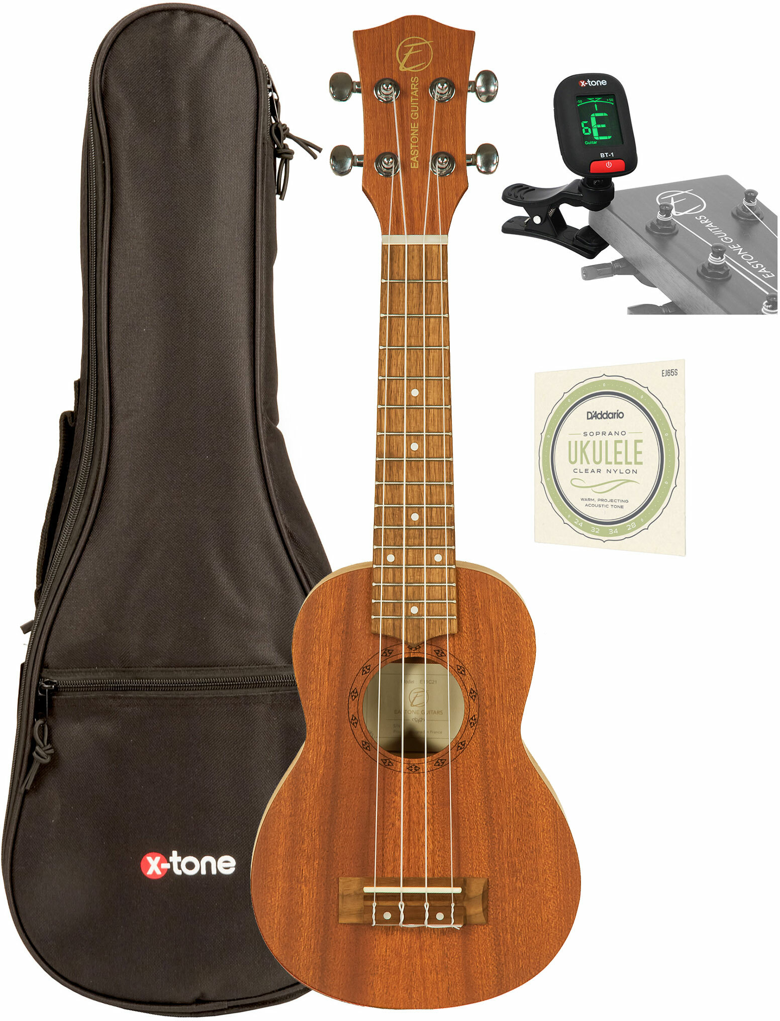 Eastone E11c21 Soprano Tout Sapele Son +x-tone 3110 Tuner / 2020 Bag / D'addario Ej65s - Ukulele Paket - Main picture