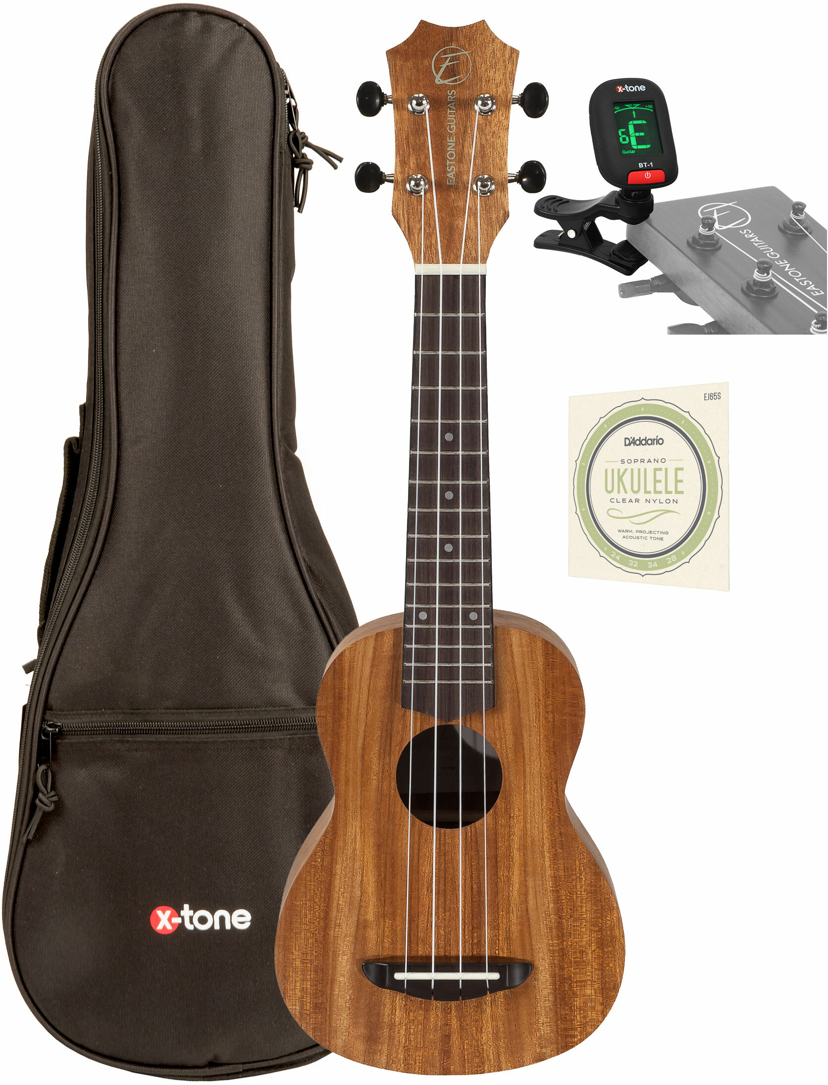 Eastone E1c21-nat Soprano Tout Acacia +x-tone 3110 Tuner / 2020 Bag / D'addario Ej65s - Ukulele Paket - Main picture