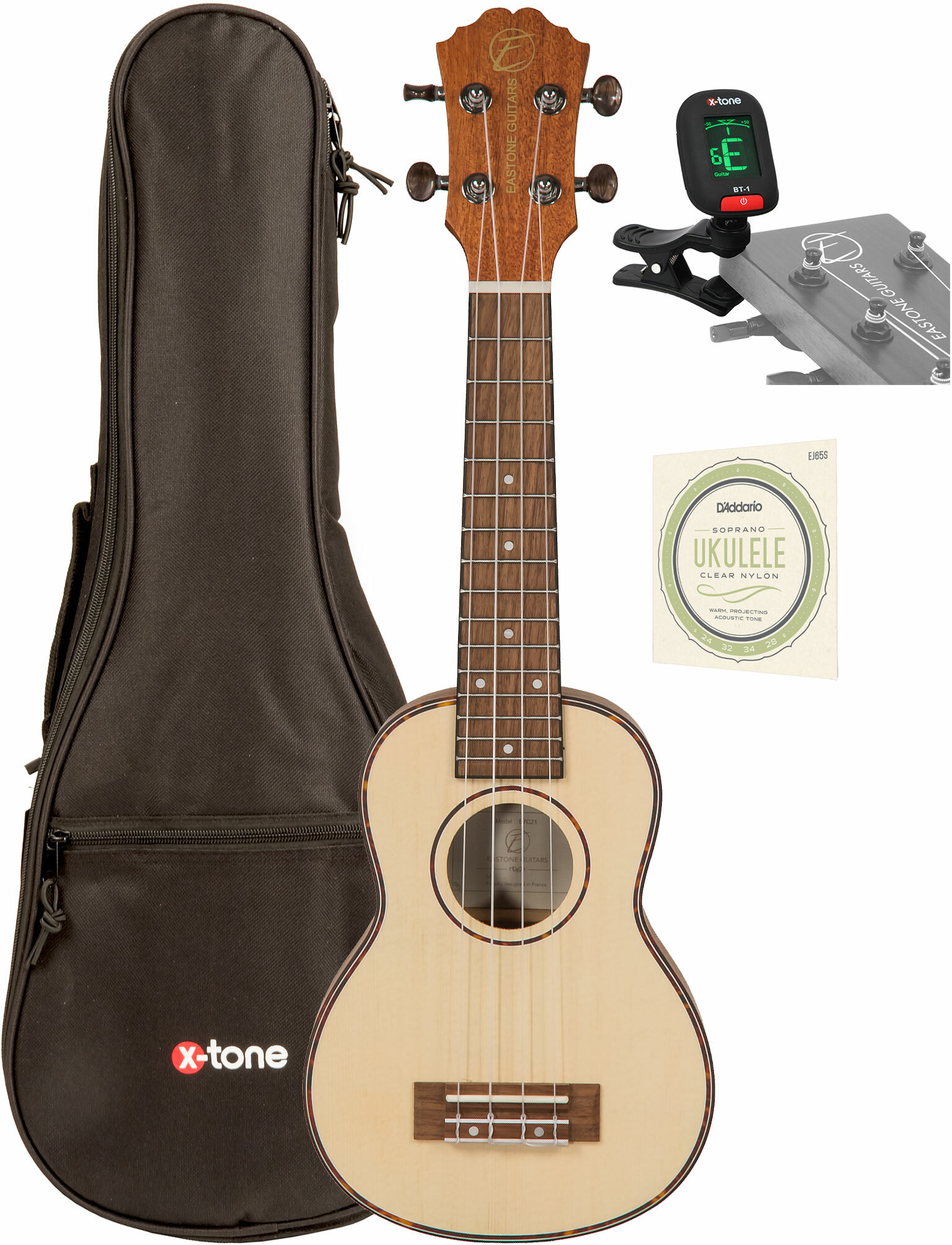 Eastone E7c21 Soprano Epicea Acajou Noy +x-tone 3110 Tuner / 2020 Bag / D'addario Ej65s - Ukulele Paket - Main picture