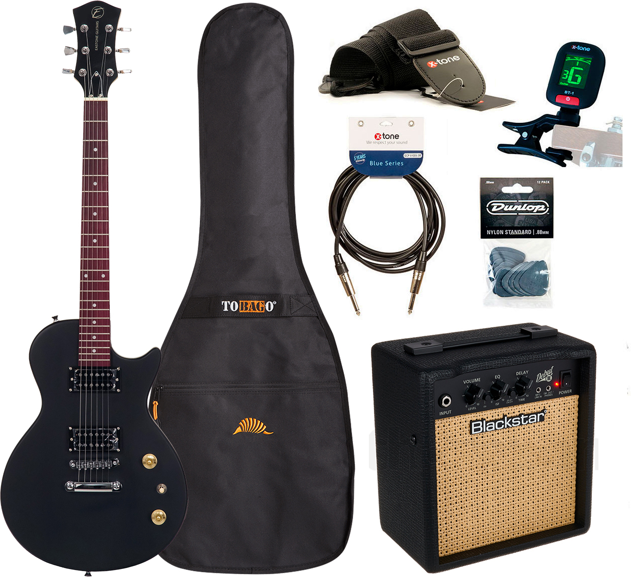 Eastone Lpl70 +blackstar Debut10 +cable +clip-on Tuner +mediators +housse +courroie - Black Satin - E-Gitarre Set - Main picture