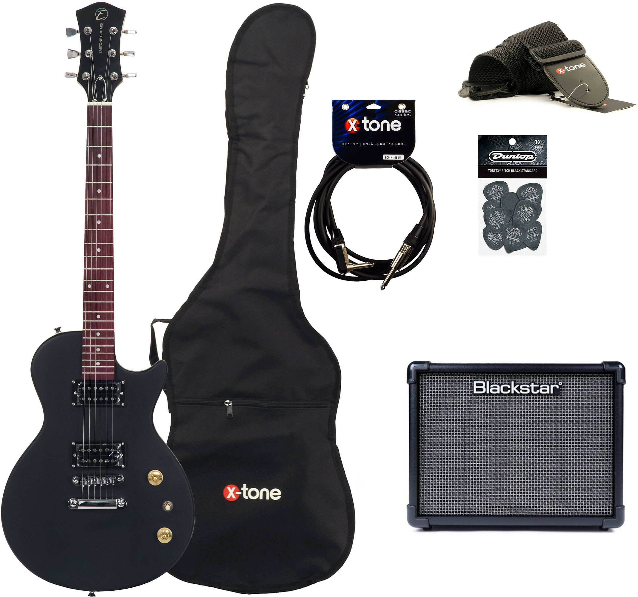Eastone Lpl70 +blackstar Id Core Stereo V3 10 +cable +housse +courroie +mediators - Black Satin - E-Gitarre Set - Main picture