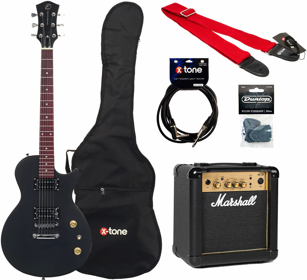 Eastone Lpl70 +marshall Mg10g +cable +housse +courroie +mediators - Black Satin - E-Gitarre Set - Main picture
