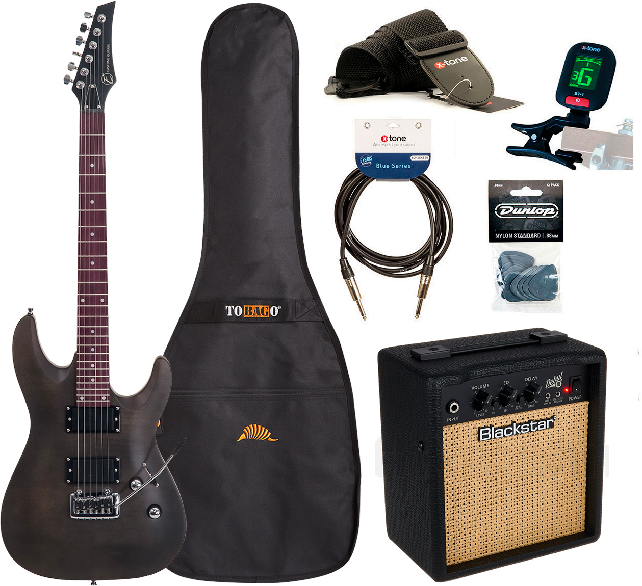 Eastone Metdc +blackstar Debut 10 +cable +clip-on Tuner +mediators +housse +courroie - Black Satin - E-Gitarre Set - Main picture