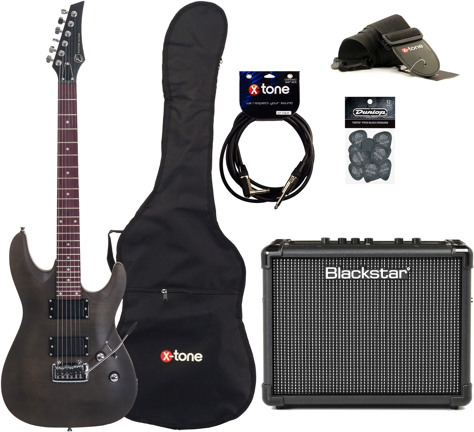 Eastone Metdc +blackstar Id Core Stereo 10 V3 +cable +housse +courroie +mediators - Black Satin - E-Gitarre Set - Main picture