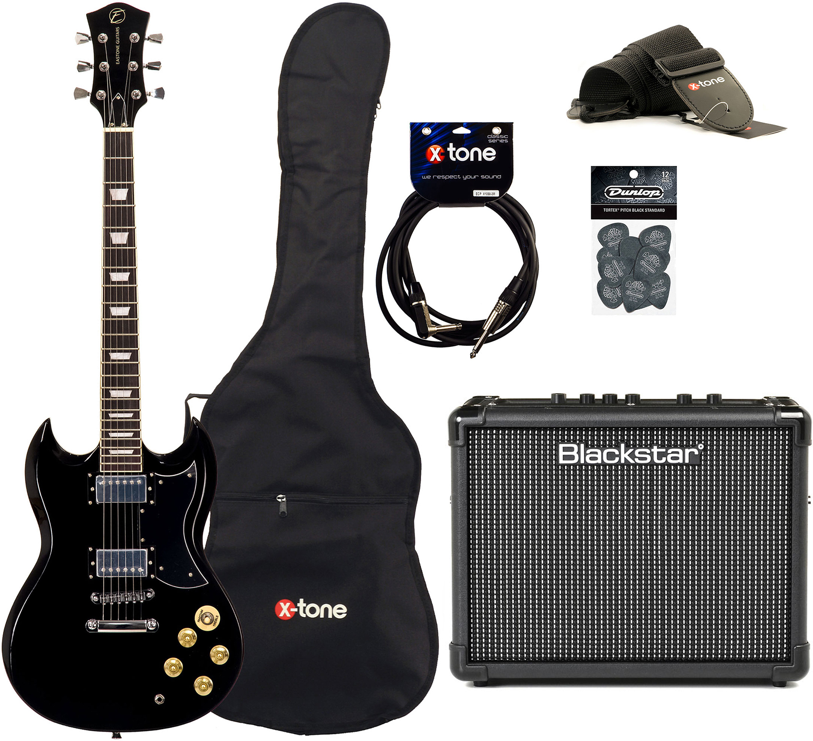 Eastone Sdc70 +blackstar Id Core Stereo 10 V3 +cable +housse +courroie +mediators - Black - E-Gitarre Set - Main picture