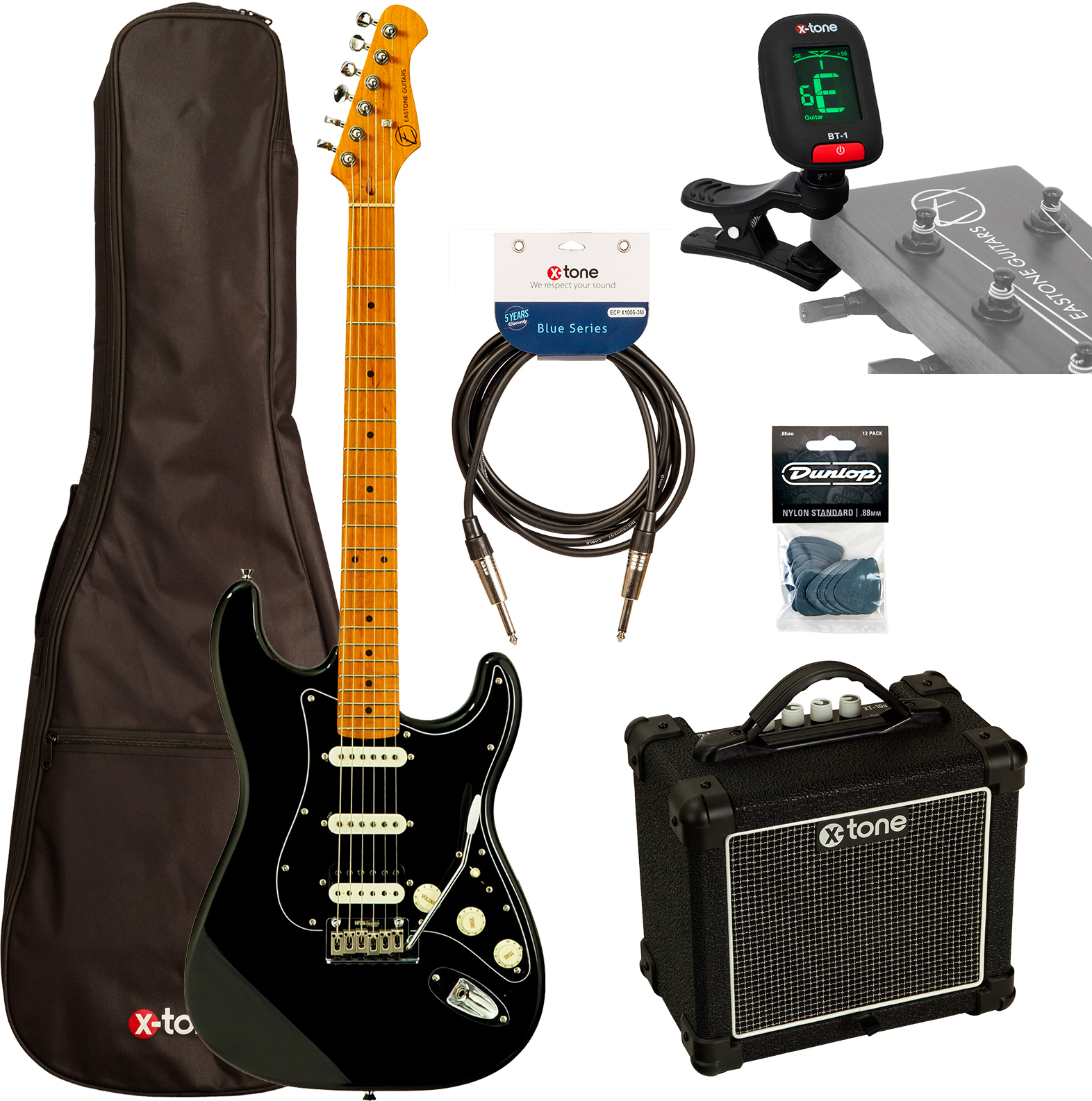 Eastone St150r-blk-rw + X-tone Xt10s Combo +cable +mediators +clip-on Tuner +housse - Black - E-Gitarre Set - Main picture