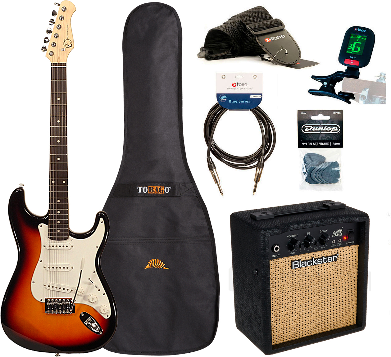 Eastone Str70 +blackstar Debut 10 +cable +clip-on Tuner +mediators +housse +courroie - 3 Tone Sunburst - E-Gitarre Set - Main picture
