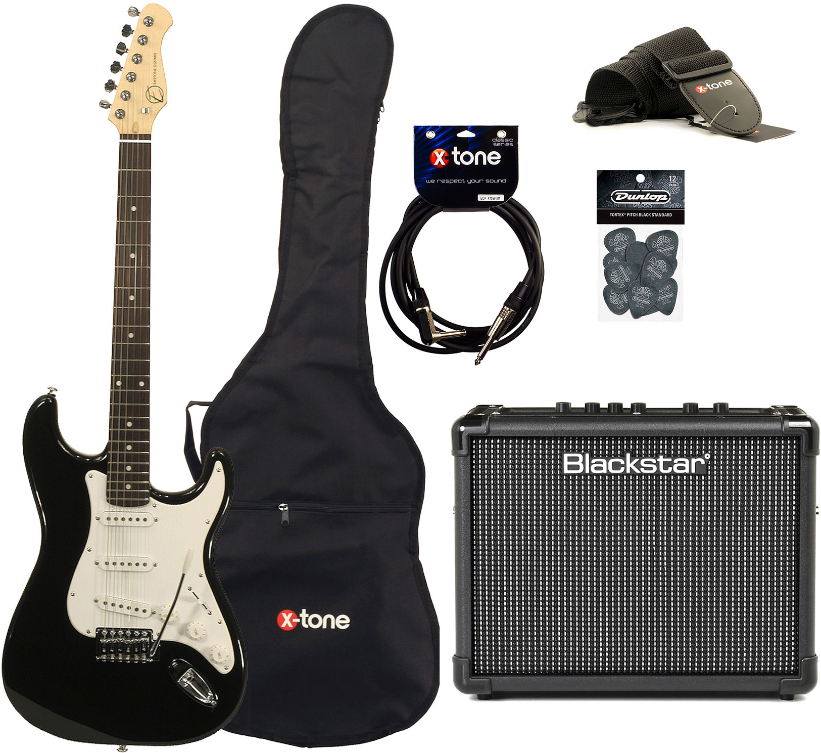 Eastone Str70 +blackstar Id Core Stereo 10 V3 +cable +housse +courroie +mediators - Black - E-Gitarre Set - Main picture