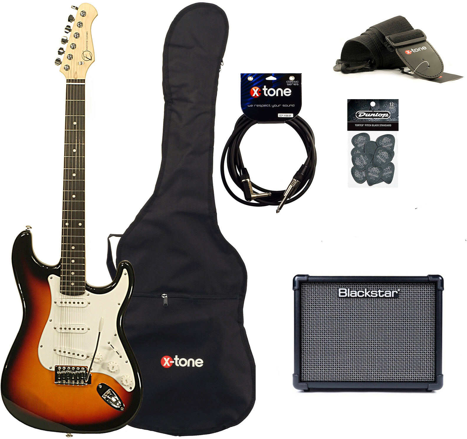 Eastone Str70 +blackstar Id Core V3 10w +cable +housse +courroie +mediators - 3-color Sunburst - E-Gitarre Set - Main picture