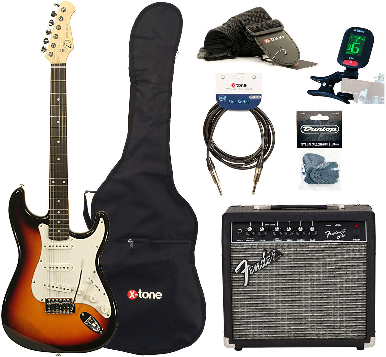 Eastone Str70 +fender Frontman 20g +cable +clip-on Tuner +mediators +housse +courroie - 3 Tone Sunburst - E-Gitarre Set - Main picture