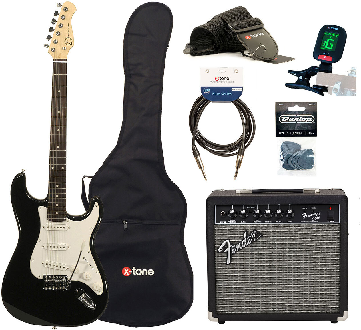 Eastone Str70 +fender Frontman 20g +cable +clip-on Tuner +mediators +housse +courroie - Black - E-Gitarre Set - Main picture