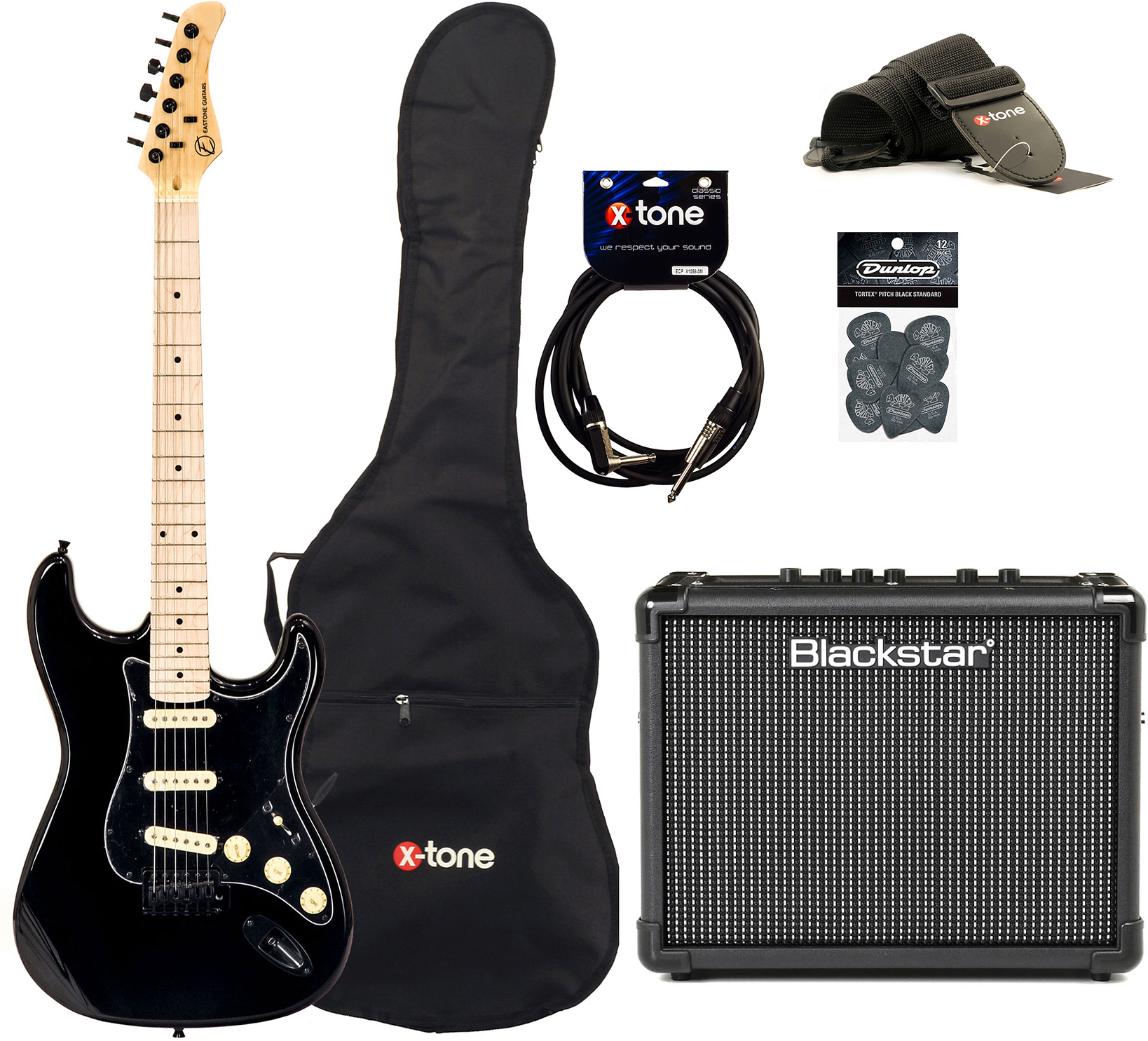Eastone Str70 Gil +blackstar Id Core Stereo 10w V3 +cable +housse +courroie +mediators - Black - E-Gitarre Set - Main picture