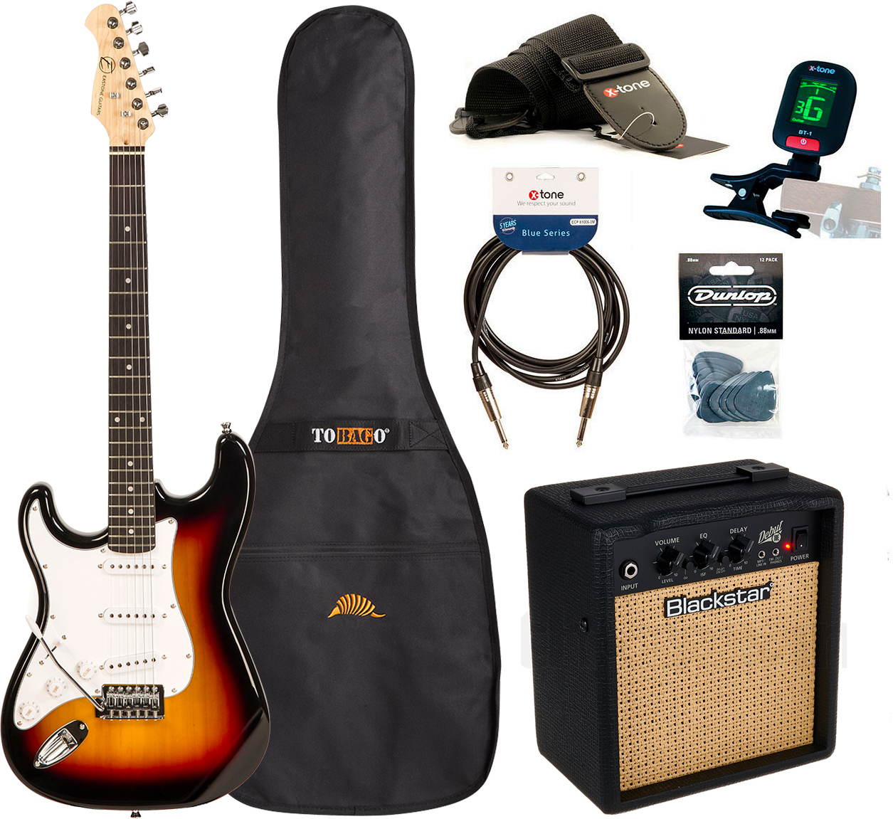 Eastone Str70 Lh Gaucher +blackstar Debut 10 +cable +clip-on Tuner +mediators +housse +courroie - 3 Tone Sunburst - E-Gitarre Set - Main picture