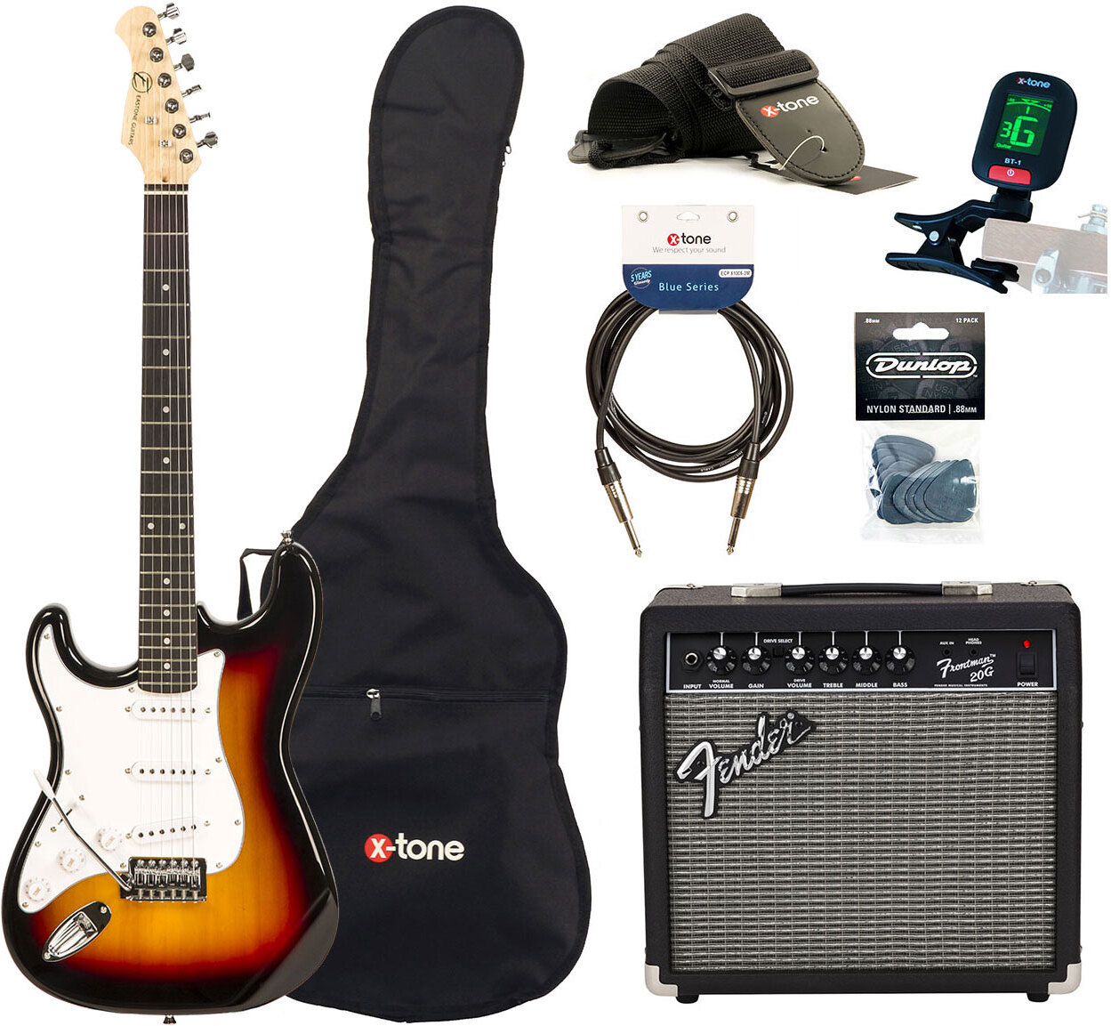 Eastone Str70 Lh Gaucher +fender Frontman 20g +cable +clip-on Tuner +mediators +housse +courroie - 3 Tone Sunburst - E-Gitarre Set - Main picture