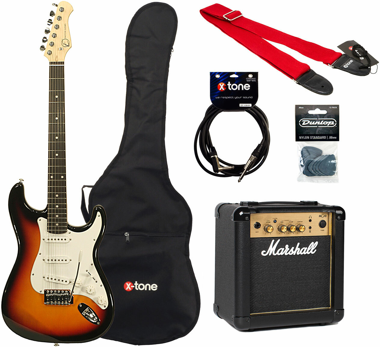 Eastone Str70t +marshall Mg10 10w +cable +mediators +housse - 3 Tone Sunburst - E-Gitarre Set - Main picture