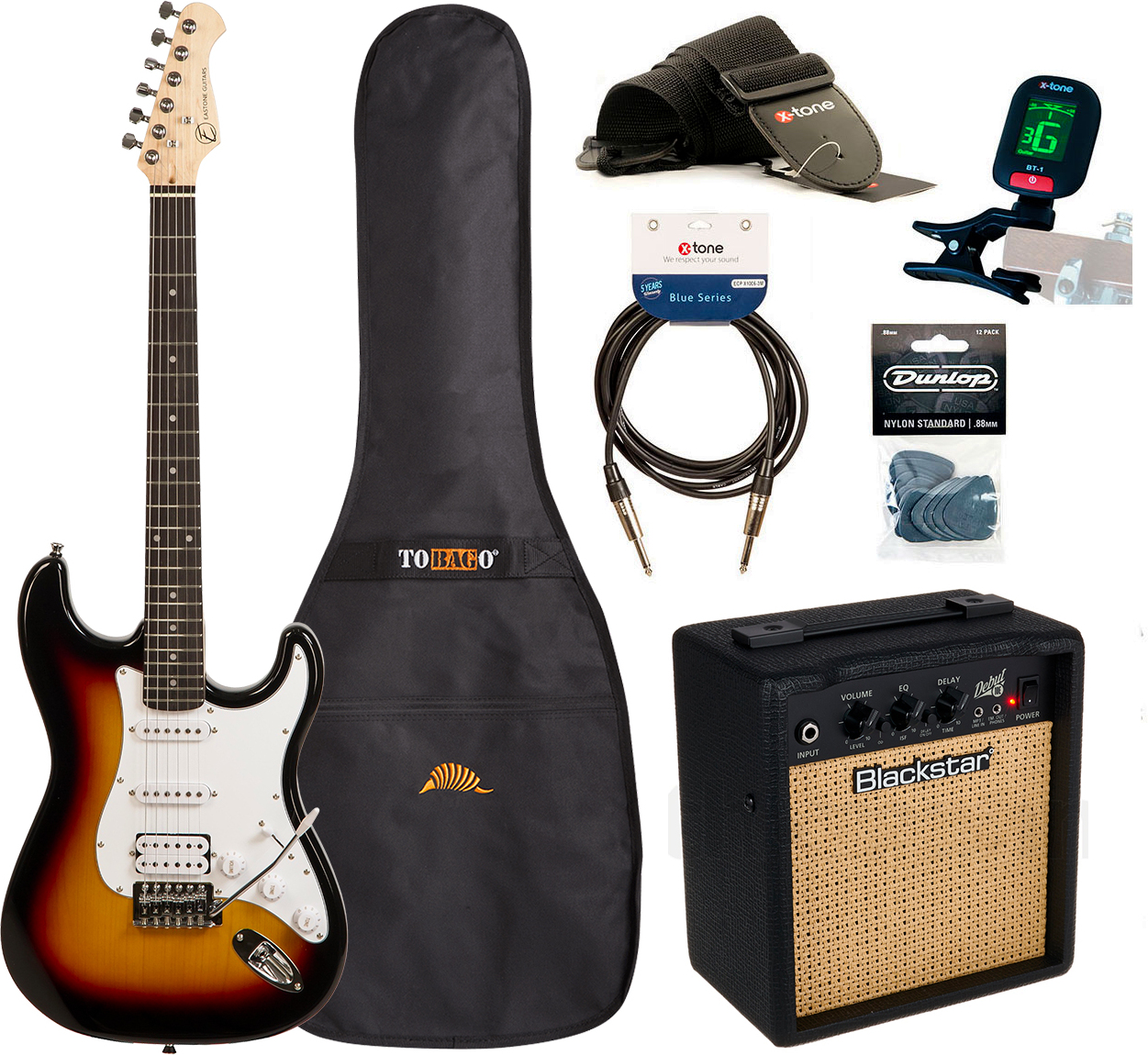 Eastone Str80t Hss +blackstar Debut 10 +cable +clip-on Tuner +mediators +housse +courroie - 3 Tone Sunburst - E-Gitarre Set - Main picture