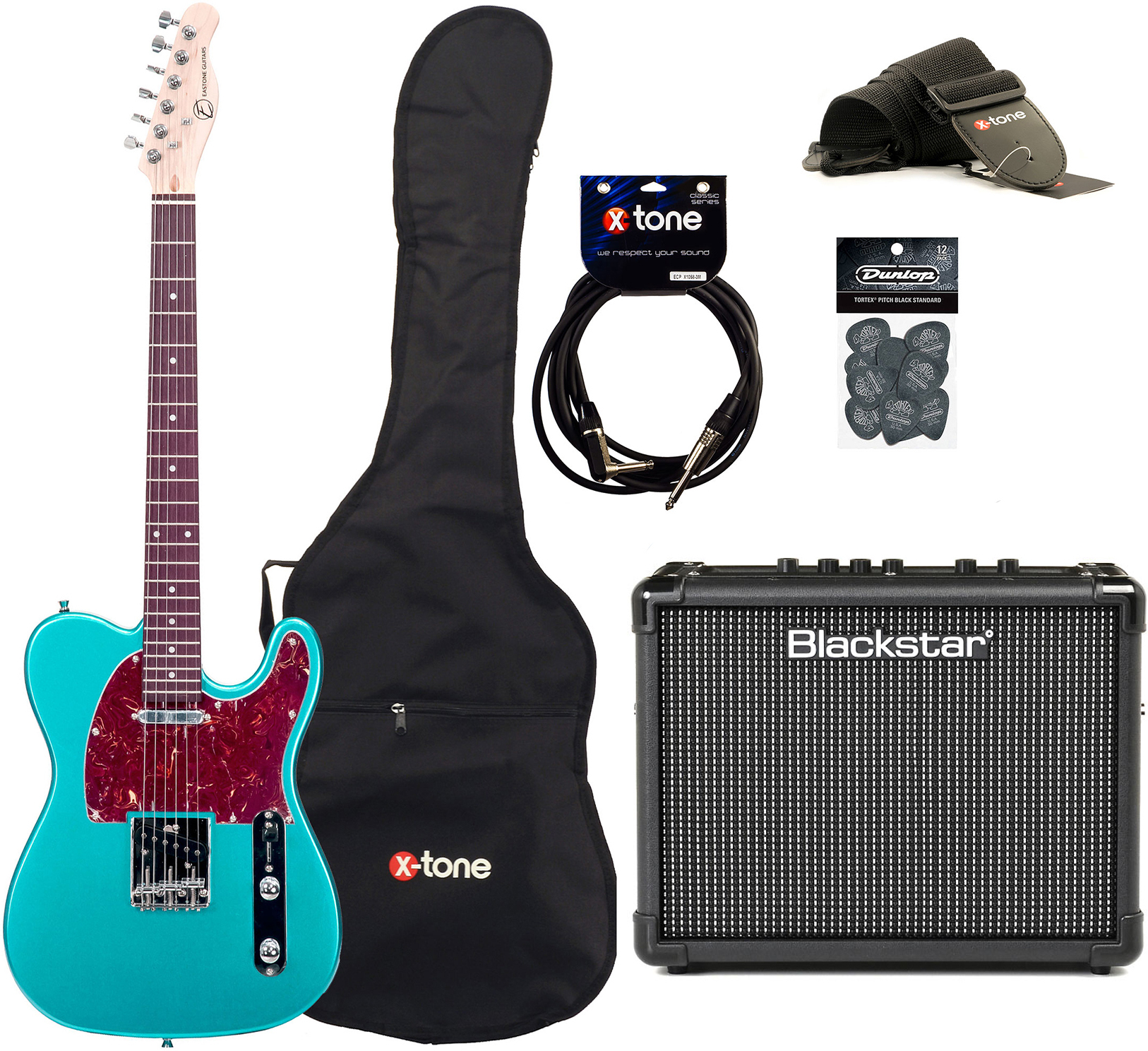 Eastone Tl70 +blackstar Id Core Stereo 10 V3 +cable +housse +courroie +mediators - Metallic Light Blue - E-Gitarre Set - Main picture