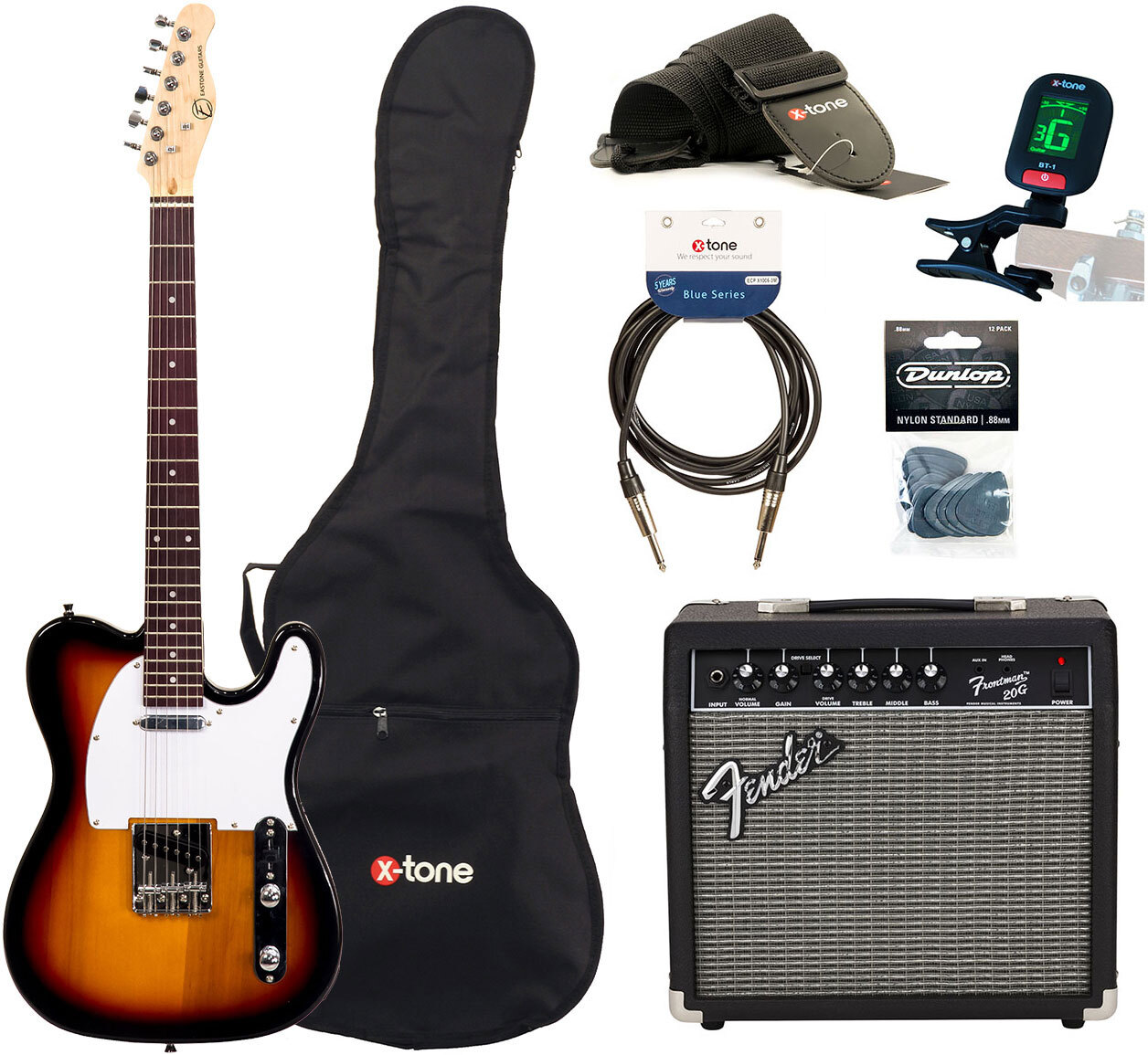Eastone Tl70 +fender Frontman 20g +cable +clip-on Tuner +mediators +housse +courroie - 3 Tone Sunburst - E-Gitarre Set - Main picture