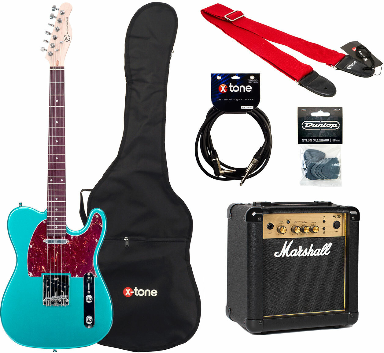 Eastone Tl70 +marshall Mg10 +housse +courroie +cable +mediators - Metallic Light Blue - E-Gitarre Set - Main picture