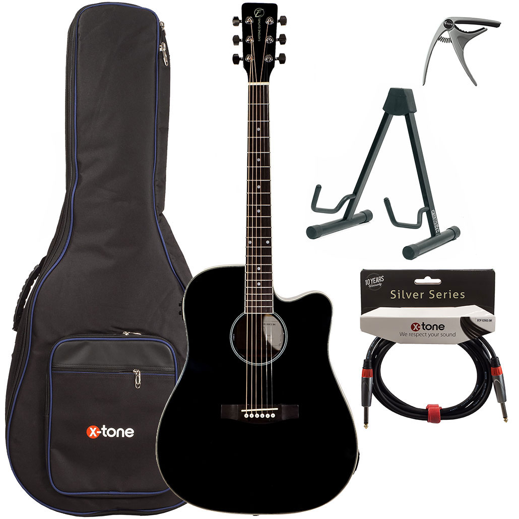 Eastone Dr100ce-blk +housse X-tone 2003 +capo +stand +jack - Black - Westerngitarre Set - Variation 1