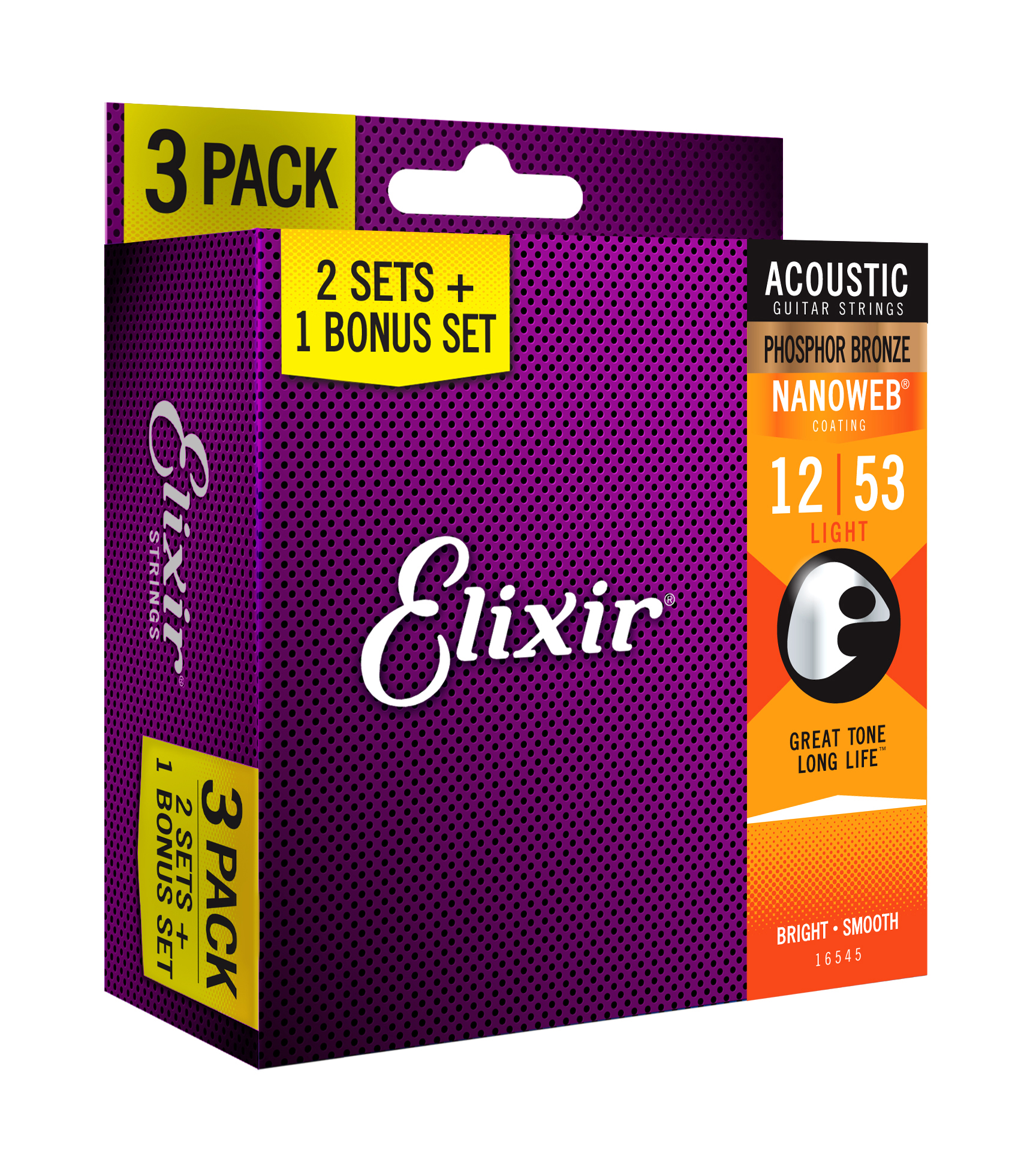 Elixir Pack De 3 Jeux 16052 Nanoweb Phosphor 12-53 - Westerngitarre Saiten - Variation 1