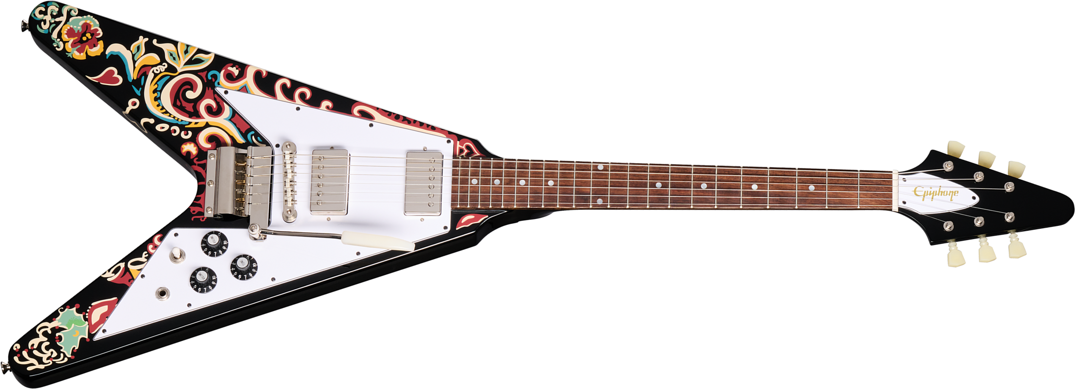 Epiphone Jimi Hendrix Flying V Love Drops Signature 2h Gibson Trem Lau - Ebony - Signature-E-Gitarre - Main picture