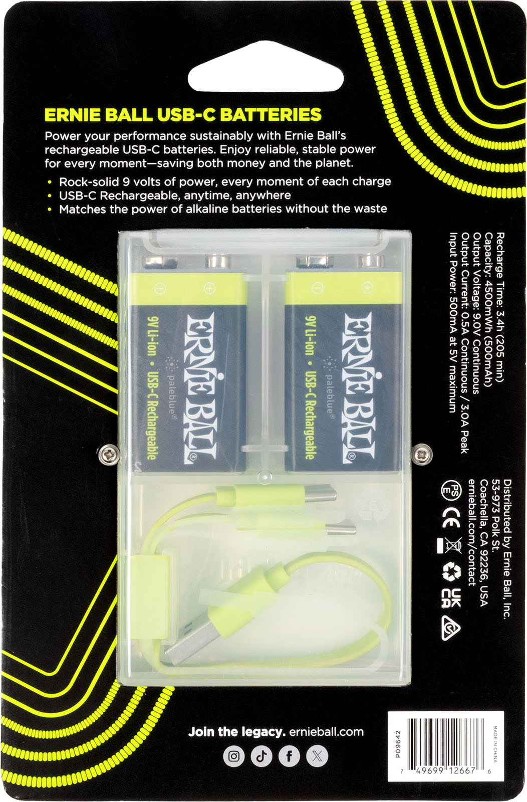 Ernie Ball 9642 - 9v Rechargeable Via Usb-c - Batterie - Variation 1
