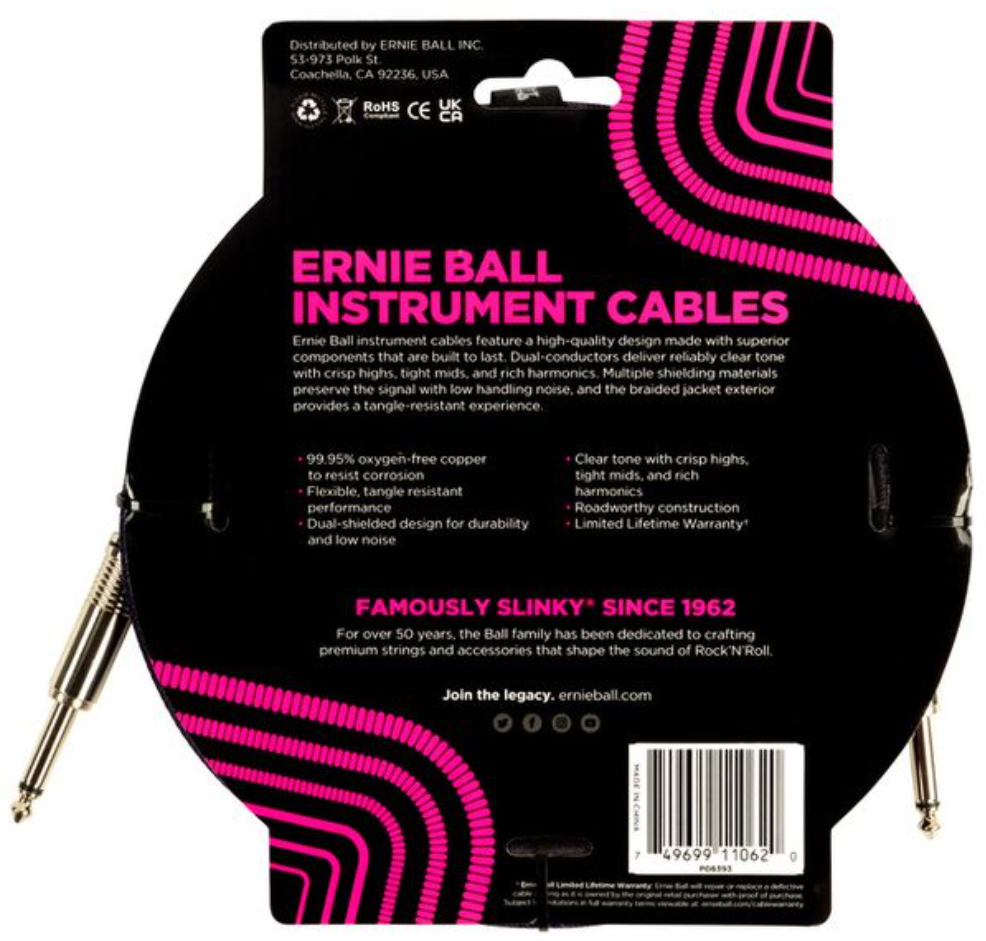 Ernie Ball Braided Instrument Cable Droit Droit 10ft 3.05m Red Black - Kabel - Variation 1