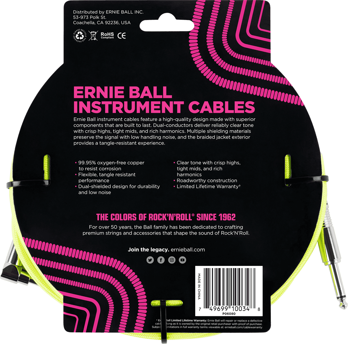 Ernie Ball Cables Instrument Gaine Tissée Jack/jack Coudé 3m Jaune Fluo - Kabel - Variation 1