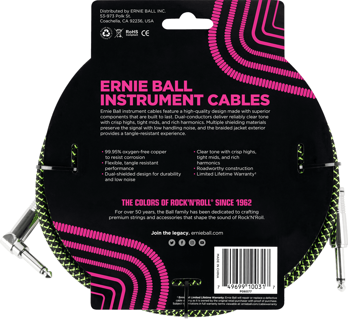 Ernie Ball Cables Instrument Gaine TissÉe Jack/jack CoudÉ 3m Noir/vert - Kabel - Variation 1