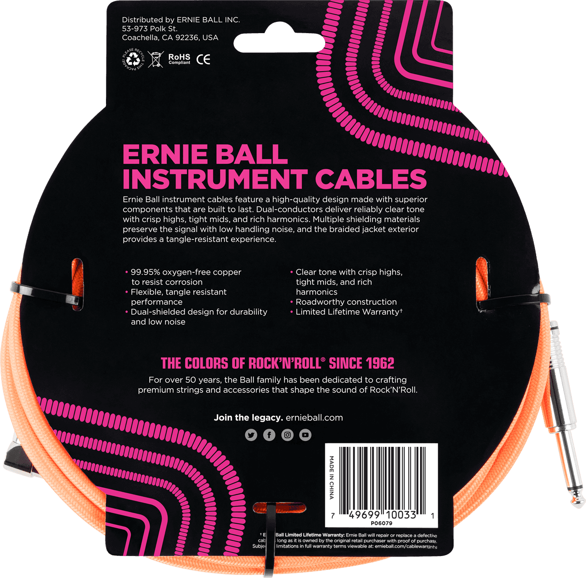 Ernie Ball Cables Instrument Gaine TissÉe Jack/jack CoudÉ 3m Orange - Kabel - Variation 1