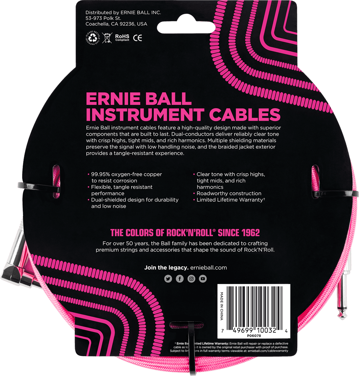 Ernie Ball Cables Instrument Gaine TissÉe Jack/jack CoudÉ 3m Rose Fluo - Kabel - Variation 1