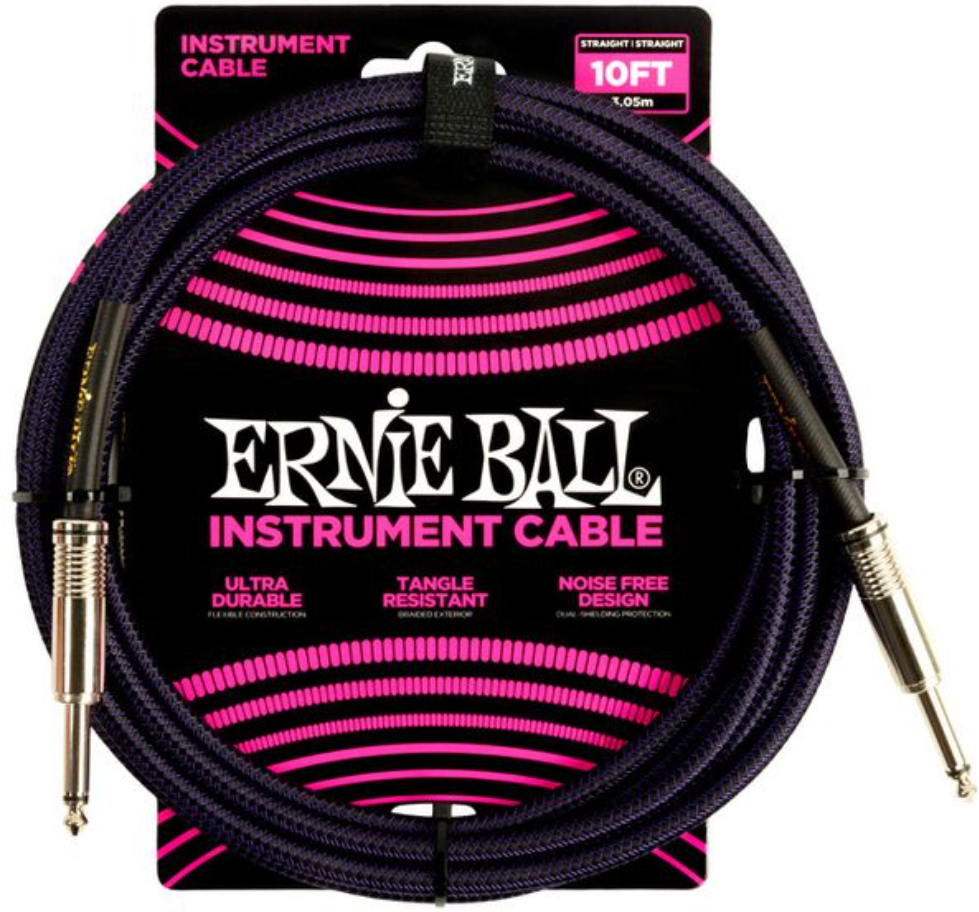 Ernie Ball Braided Instrument Cable Droit Droit 10ft 3.05m Purple Black - Kabel - Main picture