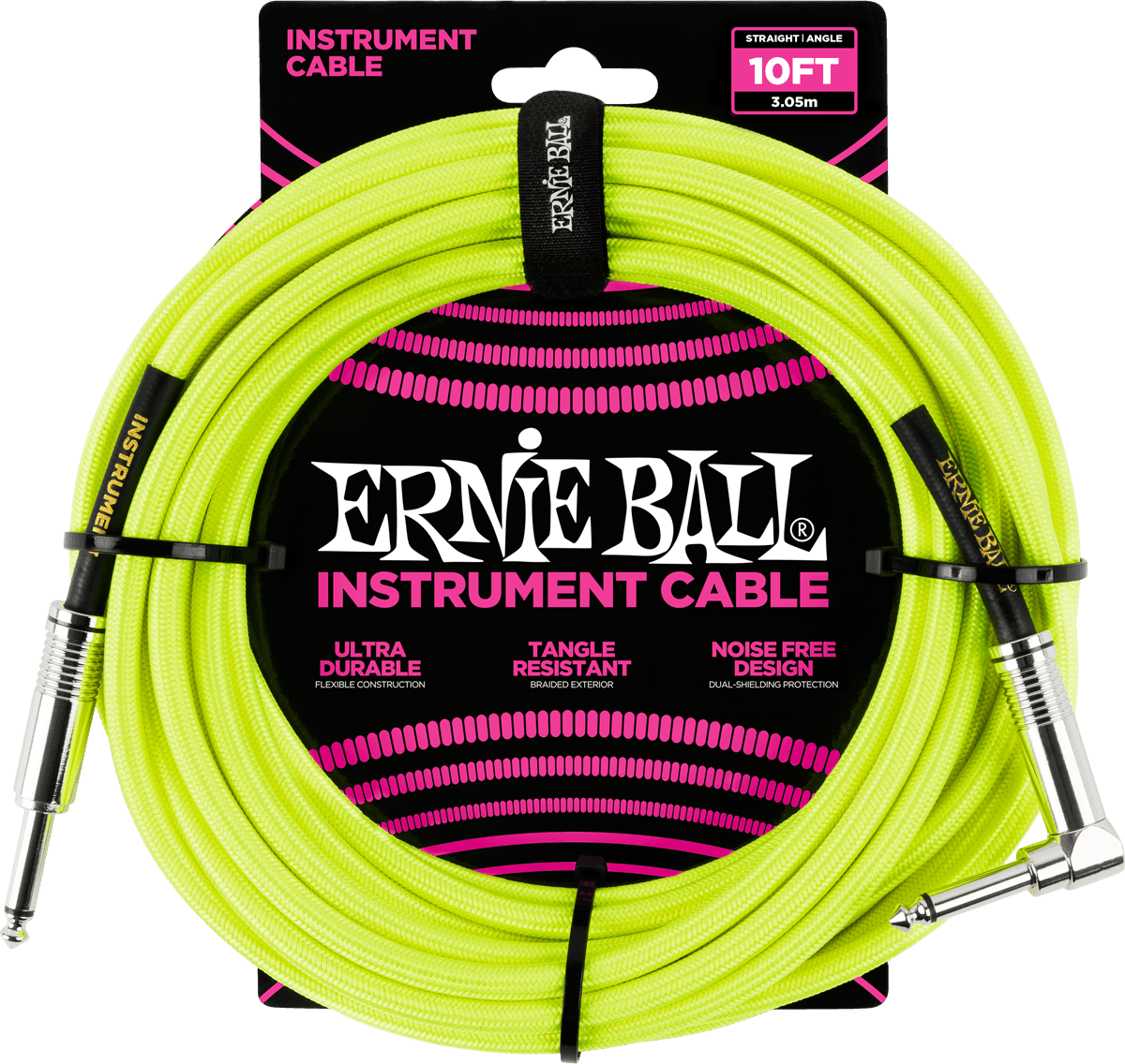 Ernie Ball Cables Instrument Gaine Tissée Jack/jack Coudé 3m Jaune Fluo - Kabel - Main picture