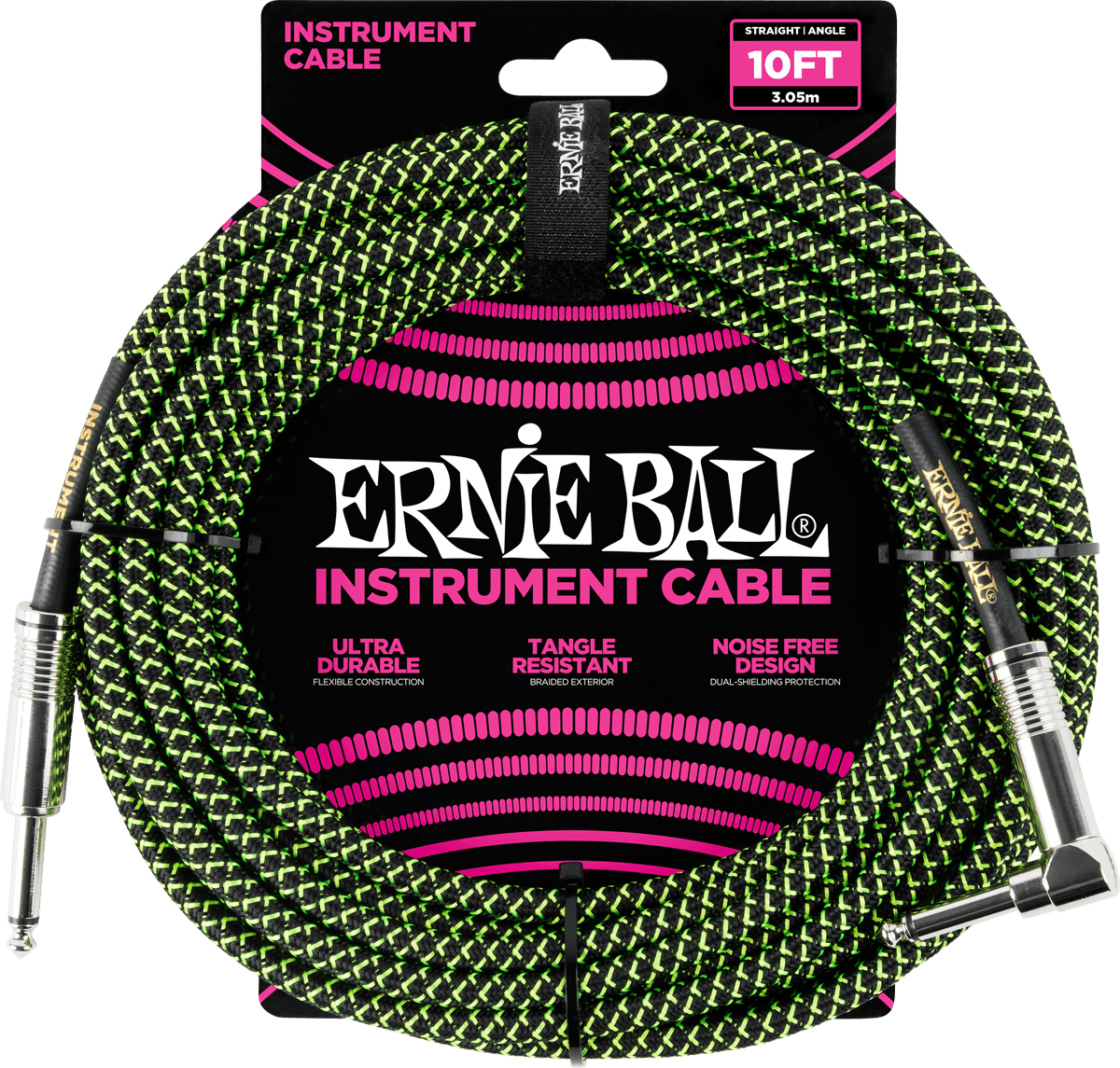 Ernie Ball Cables Instrument Gaine TissÉe Jack/jack CoudÉ 3m Noir/vert - Kabel - Main picture