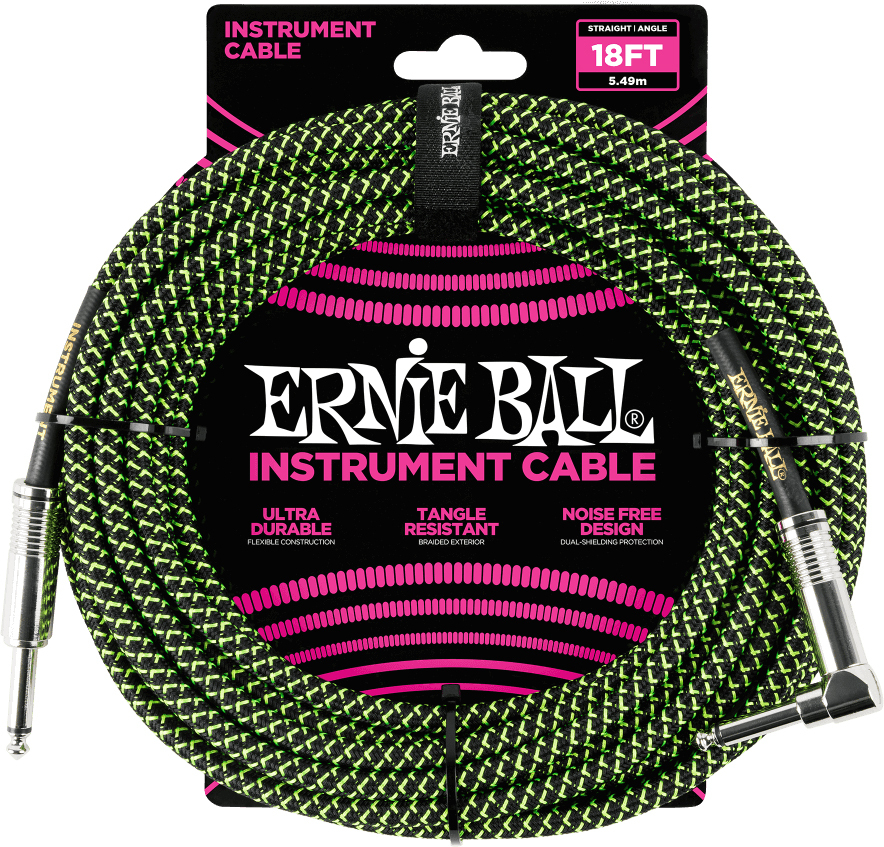 Ernie Ball P06082 Braided 18ft Straight / Angle Instrument Cable 5.49m Droit / Coude Black & Green - Stimmgerät für Gitarre - Main picture